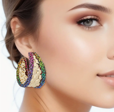 Gold Wide Multi Rhinestone Crusted earrings