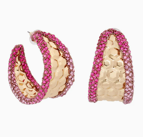 Gold Wide Fuchsia Rhinestone Crusted earrings