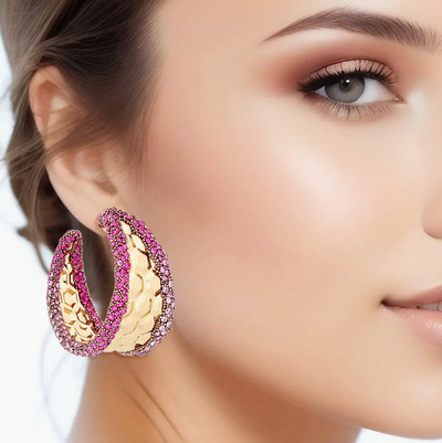 Gold Wide Fuchsia Rhinestone Crusted earrings