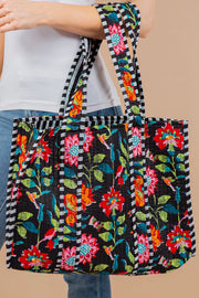 Black Floral Cotton Quilted Tote