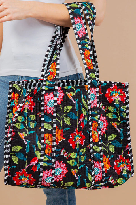 Black Floral Cotton Quilted Tote