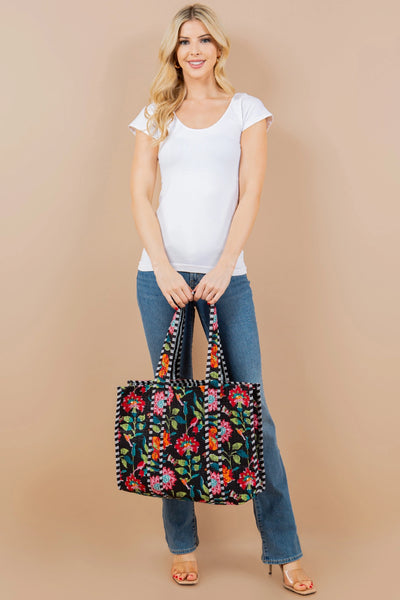 Black Floral Cotton Quilted Tote