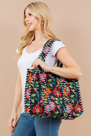 Black Floral Cotton Quilted Tote