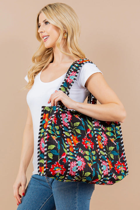 Black Floral Cotton Quilted Tote