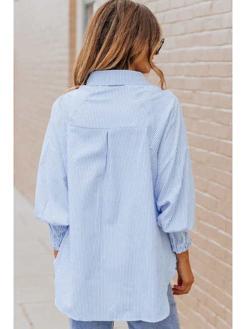 Blue Sky Stripe  Smock Cuff Blouse