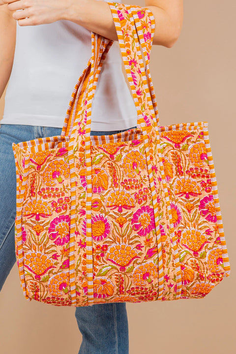 Orange  Magenta Floral Cotton Quilted Tote