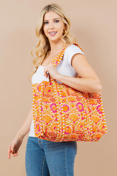 Orange  Magenta Floral Cotton Quilted Tote