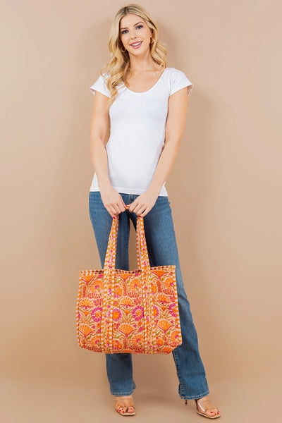 Orange  Magenta Floral Cotton Quilted Tote