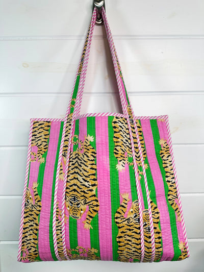 Pink & Green Tigers Quilted Tote