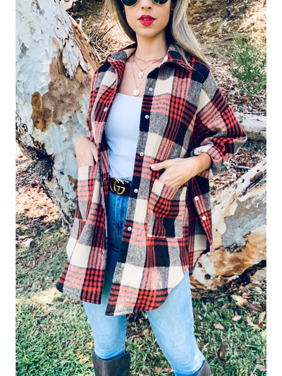 Snap Open Side Rust Red Plaid Shacket