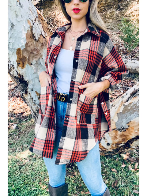 Snap Open Side Rust Red Plaid Shacket
