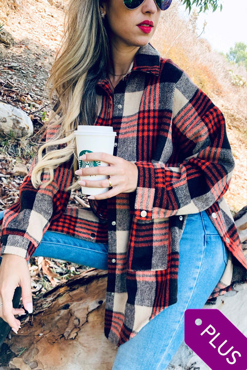 Snap Open Side Rust Red Plaid Shacket