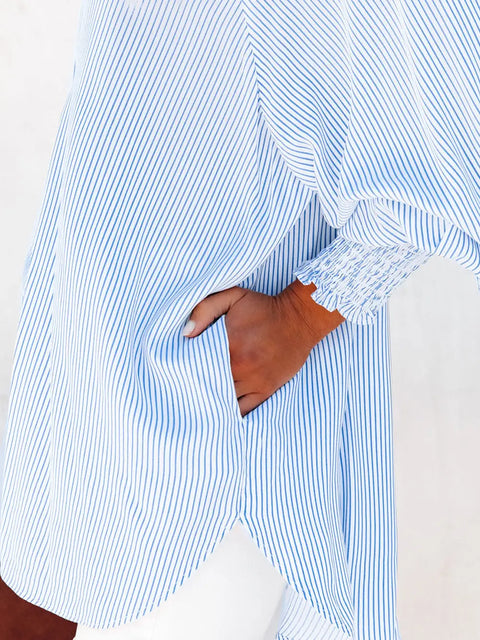 Blue Sky Stripe  Smock Cuff Blouse