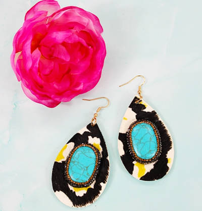 Cowhide  Pave & Turquoise Teardrop