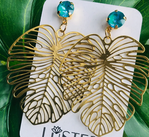 Large Gold Leaf Earrings with Blue Stones
