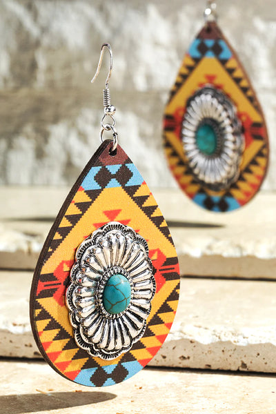 Western Wooden Teardrop Concho Earrings (MUSTARD)